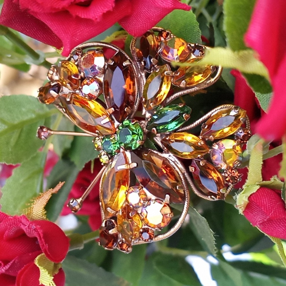 c1960s VERIFIED JULIANA Topaz Amber Emerald Rhinestone Butterfly Brooch VINTAGE